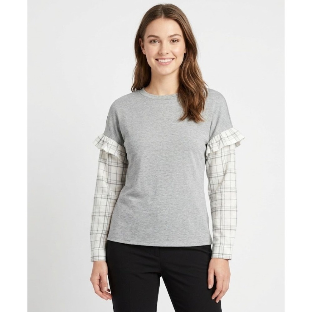NEW Doe & Rae Gray Stretch Mixed Media Pull-Over Top size Large